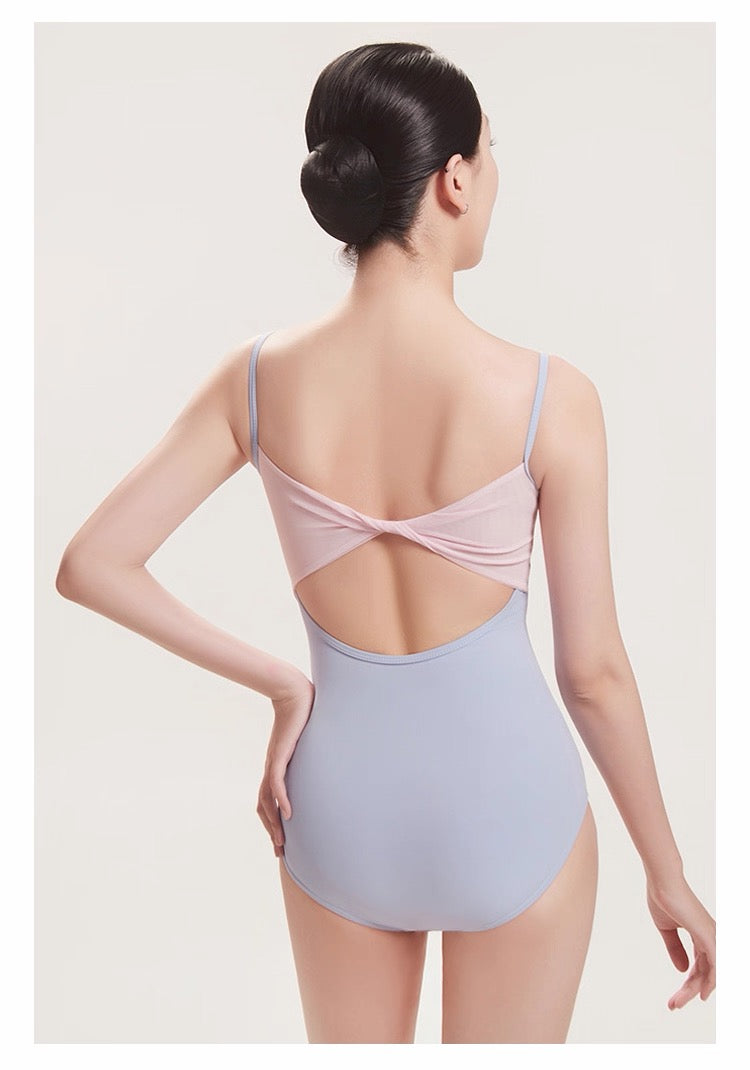 CICELYLI Spaghetti-Strap Twisted Mesh Patchwork Ballet Leotard